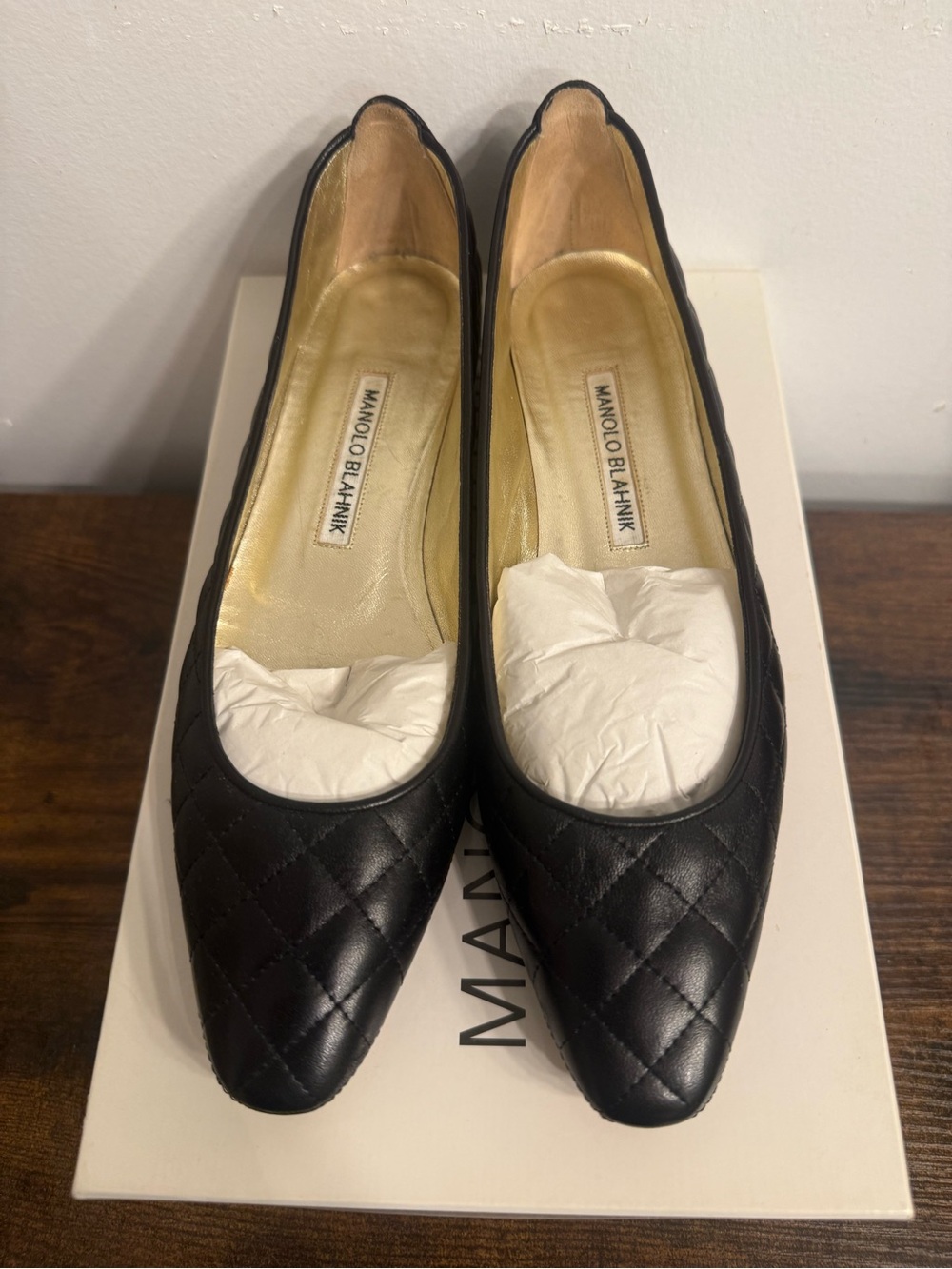 Manolo Blahnik Black Quilted Pointed Toe Flats